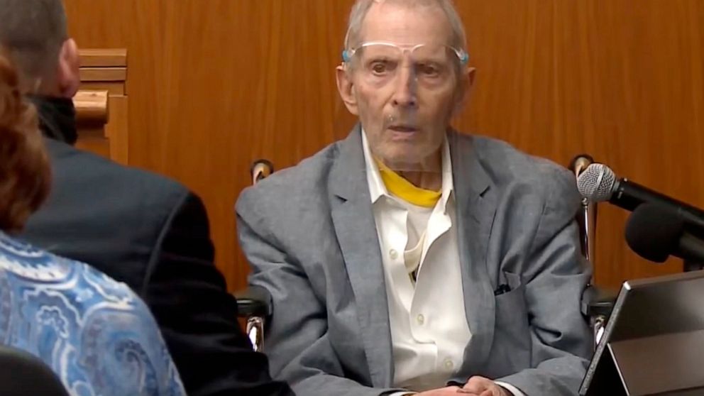 In this still image taken from the Law & Crime Network court video, real estate heir Robert Durst answers questions while taking the stand during his murder trial on Tuesday, Aug. 31, 2021, in Los Angeles County Superior Court in Inglewood, Calif. (L