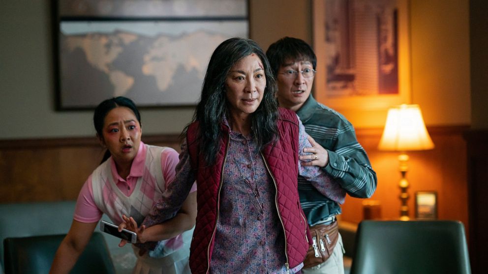 This image released by A24 Films shows, from left, Stephanie Hsu, Michelle Yeoh and Ke Huy Quan in a scene from, "Everything Everywhere All At Once." (Allyson Riggs/A24 Films via AP)