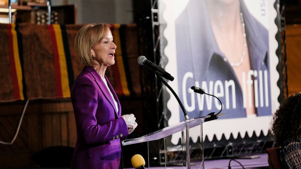 FILE - Judy Woodruff speaks at a ceremony to unveil the new Gwen Ifill Black Heritage Commemorative Forever Stamp at the Metropolitan African Methodist Episcopal Church, Thursday, Jan. 30, 2020, in Washington. Woodruff says she plans to step down at 