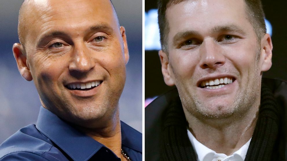 FILE - These are 2019 file photos showing Derek Jeter, left, and Tom Brady. Former New York Yankee superstar Derek Jeter has sold his waterfront mansion in Tampa for $22.5 million — meaning Tom Brady might be headed to new rental digs. The seven-bedr
