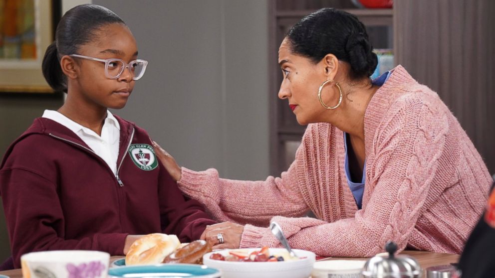 This image released by ABC shows Marsai Martin, left, and Tracee Ellis Ross in a scene from "black-ish." In the episode airing on Tuesday, Jan. 15, Dre, played by Anthony Anderson, and Bow, played by Ross, are furious after Diane, played by Martin, i