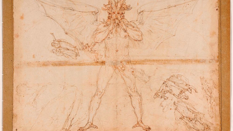 This image made available on Thursday, Dec. 31, 2020, shows Lucifer, one of the original 88 drawings that went with Dante Alighieri’s Divine Comedy by artist Federico Zuccari. Florence’s Uffizi Gallery is making available for viewing online 88 rarely