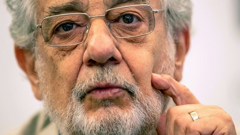 FILE - In this July 12, 2019 file photo, opera singer Placido Domingo speaks during a news conference about an upcoming show in Madrid, Spain. On Friday, March 20, 2020, the American Guild of Musical Artists said Domingo has resigned from the U.S. un