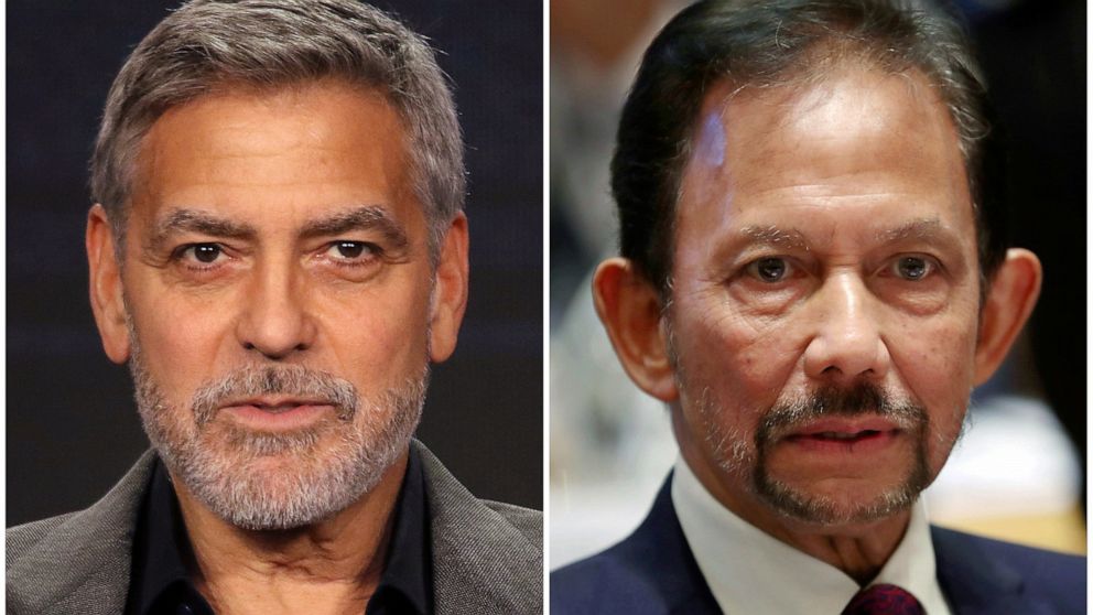 FILE - This combination of file photos shows George Clooney in Pasadena, Calif., on Feb. 11, 2019, left, and Brunei's Sultan Hassanal Bolkiah in Brussels on Oct. 18, 2018. Clooney is calling for the boycott of nine hotels in the U.S. and Europe with ties to Sultan Bolkiah, who's country will implement Islamic criminal laws in April 2019 to punish gay sex by stoning offenders to death. (AP Photo/Willy Sanjuan and Francisco Seco, File)