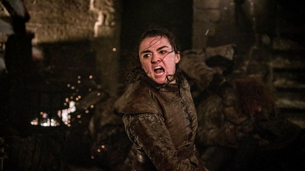 This image released by HBO shows Maisie Williams as Arya Stark in a scene from "Game of Thrones." It was neither Jon Snow nor Daenerys who won the climactic Battle of Winterfell on “Game of Thrones.” It was Arya Stark, who bravely launched herself at