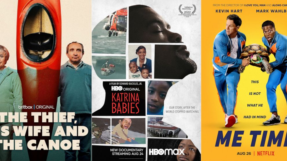 This combination of photos shows promotional art for "The Thief, His Wife & The Canoe," a miniseries premiering Aug. 23 on BritBox, left, “Katrina Babies," a documentary premiering Aug. 24 on HBO and HBO Max, center, and "Me Time," a comedy premierin
