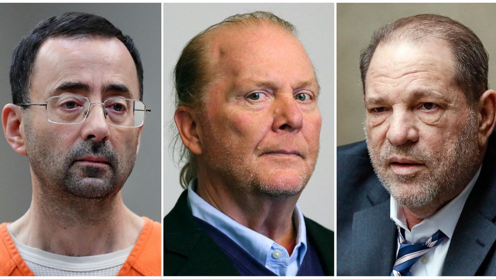 This combination of 2017-2020 photos shows, from left, Dr. Larry Nassar, Mario Batali, and Harvey Weinstein. Legal experts and victims’ advocates say celebrity chef Batali’s acquittal on sexual assault charges underscores the inherent difficulties of