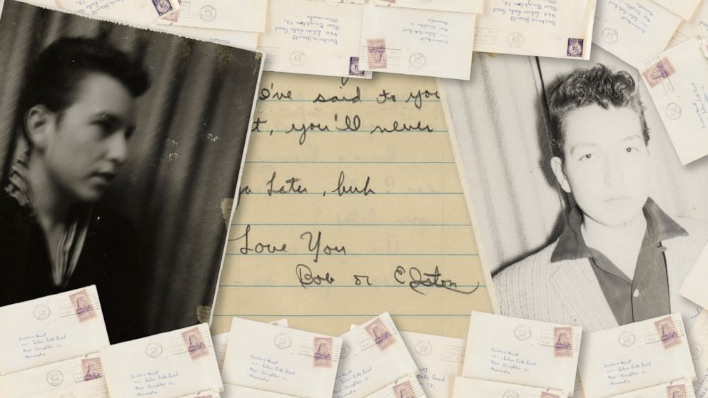 This Sept. 2022 photo shows a personal collection of love letters written by Bob Dylan to his high school sweetheart in the late 1950s. The personal collection of love letters are up for auction. (Nikki Brickett/RR Auction/the Estate of Barbara Hewit