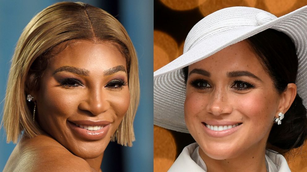 Serena Williams appears at the Vanity Fair Oscar Party in Beverly Hills, Calif., on March 27, 2022, left, and Meghan, Duchess of Sussex, appears at a service of thanksgiving for the reign of Queen Elizabeth II in London on June 3, 2022. The first epi