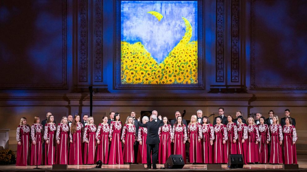 This image released by Carnegie Hall shows a performance fundraiser at Carnegie Hall in New York on Monday, May 23, 2022, that raised $350,000 for Ukrainian relief efforts. (Chris Lee/Carnegie Hall via AP)