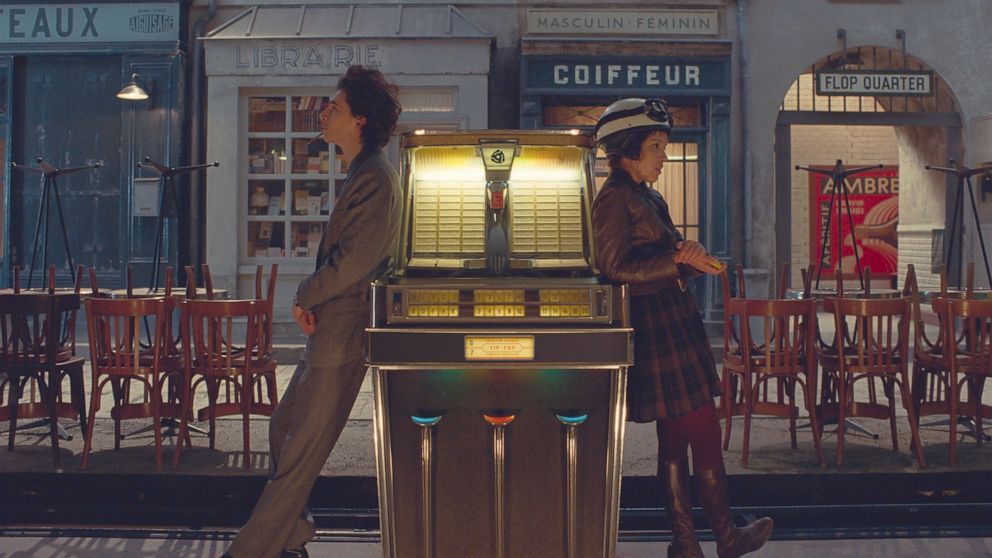 This image released by Searchlight Pictures shows Timothée Chalamet, left, and Lyna Khoudri in a scene from "The French Dispatch." (Searchlight Pictures via AP)