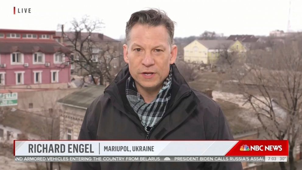 This image taken from video shows NBC News correspondent Richard Engel reporting from the Ukraine on Thursday, Feb. 24, 2022. (NBC News via AP)
