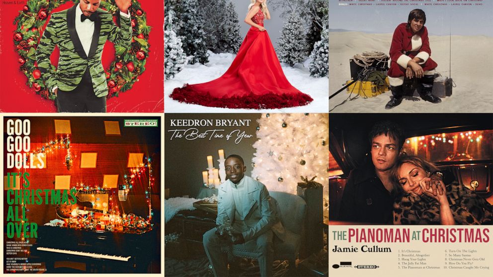 This combination photo shows holiday album covers, top row from left, "A Tori Kelly Christmas" by Tory Kelly, "A Holly Dolly Christmas" by Dolly Parton, "A Very Trainor Christmas" by Meghan Trainor, second row from left, "The Christmas Album" by Lesl