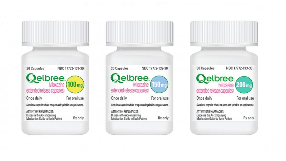 This undated image provided by Supernus Pharmaceuticals in April 2021 shows bottles for different dosages of the drug Qelbree. On Friday, April 2, 2021, the U.S. Food and Drug Administration approved the medication for treating attention deficit hype