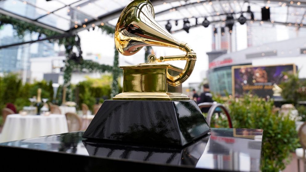 FILE - A decorative grammy is seen before the start of the 63rd annual Grammy Awards at the Los Angeles Convention Center on Sunday, March 14, 2021. The upcoming Grammy Awards have been postponed due to what organizers called "too many risks" due to 