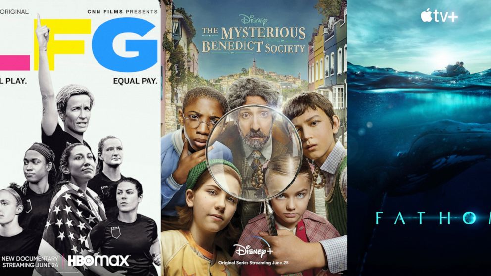 This combination of photos shows promotional art for "LFG," o documentary premiering June 24 on HBO Max, left, "The Mysterious Benedict Society," a series on Disney Plus premiering June 25 and "Fathom," a documentary premiering June 25 on Apple TV Pl