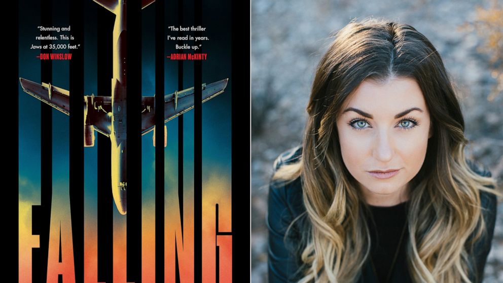 This combination of photos shows the cover of "Falling," a novel by T.J. Newman, left, and a portrait of Newman. A former bookseller and flight attendant who conjured fictional nightmares during breaks on cross country red-eyes has a 7-figure deal fo