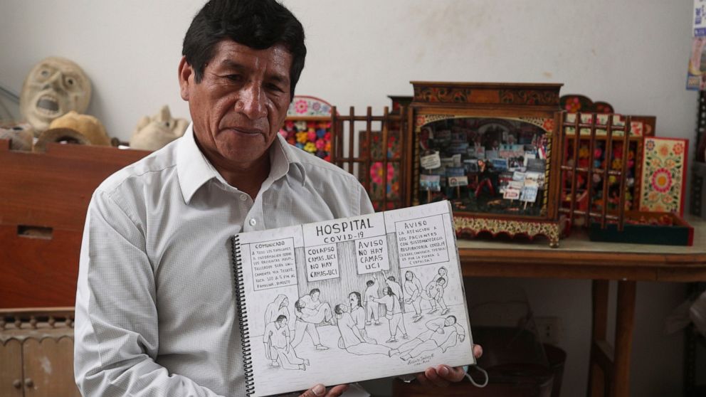 Edilberto Jimenez poses with one of his drawings at his home in San Juan de Lurigancho, on the outskirts of Lima, Peru, Thursday, May 20, 2021. Jimenez compiled in a book his interpretation of the sufferings that Peruvians have endured during the COV