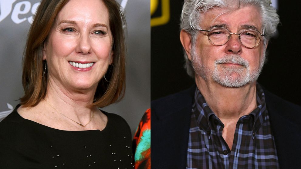 Kathleen Kennedy appears at the 20th annual Costume Designers Guild Awards in Beverly Hills, Calif., on Feb. 20, 2018, left, and George Lucas appears at the premiere of "Solo: A Star Wars Story" in Los Angeles on May 10, 2018. Kennedy and Lucas, stew