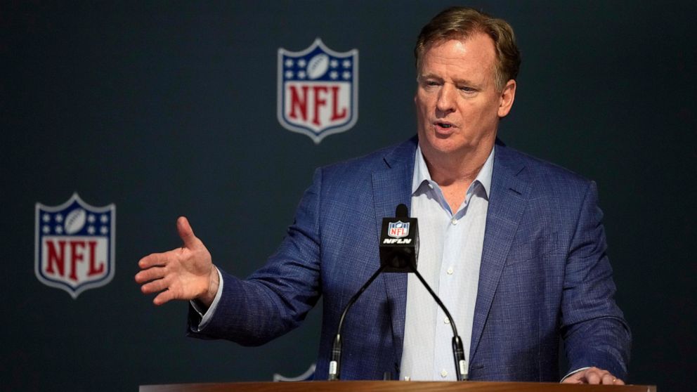 FILE -NFL Commissioner Roger Goodell answers questions from reporters at a press conference following the close of the NFL owner's meeting, Tuesday, March 29, 2022, at The Breakers resort in Palm Beach, Fla. Indianapolis Colts owner Jim Irsay said We