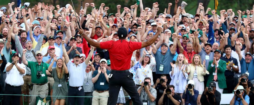 Tiger Woods reacts as he wins the Masters golf tournament Sunday, April 14, 2019, in Augusta, Ga. (Curtis Compton/Atlanta Journal-Constitution via AP)