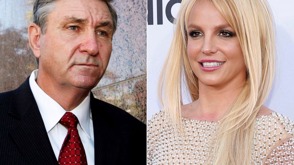 Jamie Spears, father of singer Britney Spears, leaves the Stanley Mosk Courthouse in Los Angeles on Oct. 24, 2012, left, and Britney Spears arrives at the Billboard Music Awards in Las Vegas on May 17, 2015. Spears’ father has asked the court oversee
