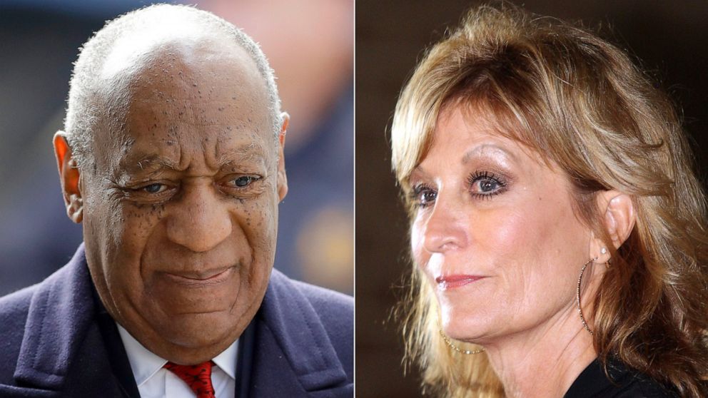Bill Cosby arrives for his sexual assault trial in Norristown, Pa. on April 20, 2018, left, and Judy Huth appears at a press conference outside the Los Angeles Police Department's Wilshire Division station in Los Angeles on Dec. 5, 2014. Eleven month