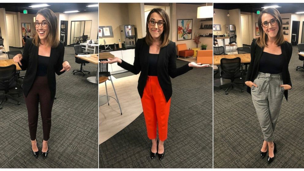 This combination of photos provided by Maggie Vespa shows Vespa, a weekend news anchor and TV reporter at NBC affiliate KGW-TV in Portland, Oregon, wearing a variety of high-waisted pants she wore for five separate news casts over the weekend. Vespa 