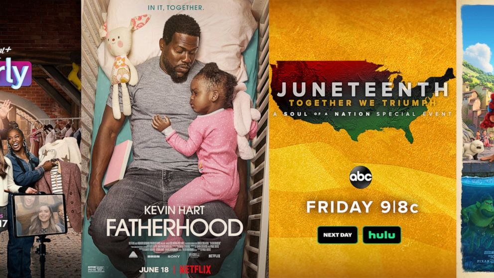 This combination of photos shows promotional art for, from left, a reboot of the series "iCarly," premiering June 17 on Paramount+, "Fatherhood" a film premiering Friday on Netflix, "Juneteenth: Together We Triumph" TV special airing Friday on ABC, a