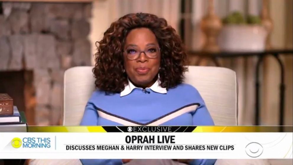 In this video grab issued Monday, March 8, 2021 by CBS This Morning, Oprah Winfrey discusses her interview with Prince Harry and Meghan, Duchess of Sussex. "Oprah with Meghan and Harry: A CBS Primetime Special aired March 7. (CBS This Morning via AP)