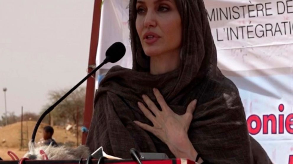 In this image taken from video, Special Envoy to the United Nations High Commissioner for Refugees Angelie Jolie speaks at the Malian refugee camp in Goudebo, Burkina Faso, Sunday June 20, 2021, to mark World Refugee day on Sunday. Hollywood actress 