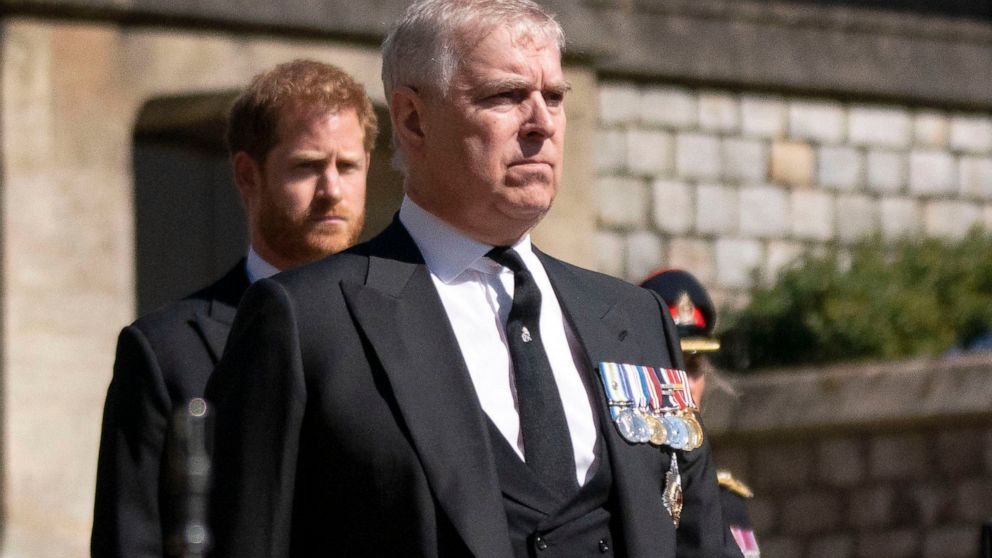FILE — Prince Andrew, foreground, walks in the procession ahead of Britain Prince Philip's funeral at Windsor Castle, Windsor, England, April 17, 2021. U.S. District Judge Lewis A. Kaplan gave the green light Wednesday, Jan. 12, 2022 to a lawsuit aga