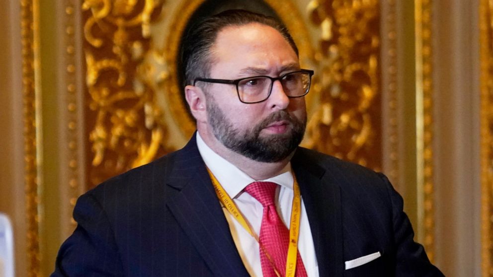 FILE - Jason Miller, Senior Adviser to the Trump 2020 re-election campaign, appears for the second impeachment trial of former President Donald Trump in the Senate, at the Capitol in Washington, on Feb. 9, 2021. Newsmax said Thursday it is hiring Jas