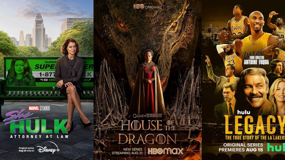 This combination of images shows promotional art for “She-Hulk: Attorney at Law,” premiering Aug. 18 on Disney+, left, "House of the Dragon," premiering Aug. 21 on HBO Max, center, and “Legacy: The True Story of the LA Lakers,” a 10-part docuseries d