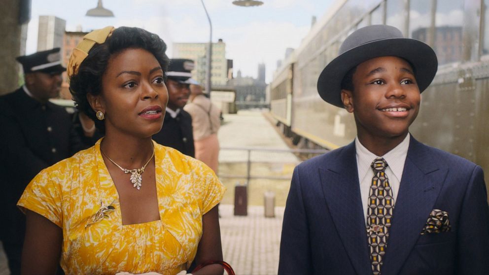 This image released by Orion Pictures shows Danielle Deadwyler, left, and Jalyn Hall in a scene from "Till." (Orion Pictures via AP)
