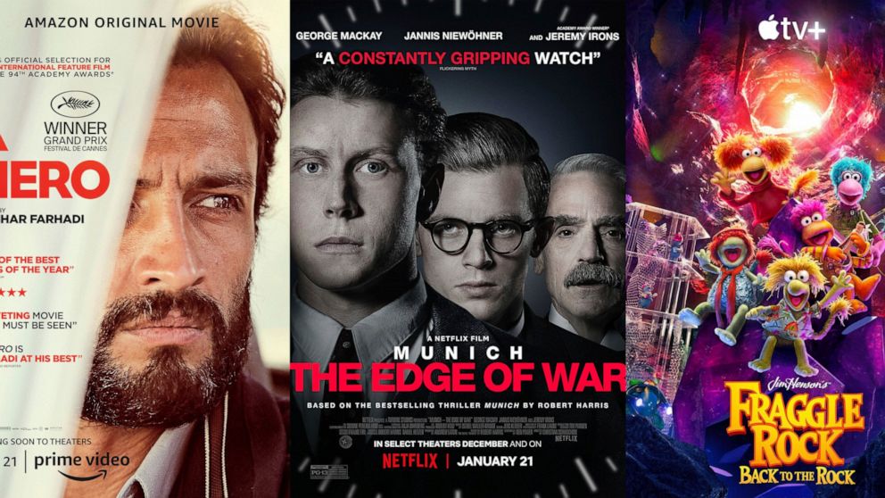 This combination of photos shows promotional art for "A Hero," a film premiering Jan. 21 on Amazon, left, "Munich: The Edge of War," a film premiering Jan. 21 on Netflix and "Fraggle Rock: Back to the Rock," premiering Jan. 21 on Apple TV+. (Amazon/N