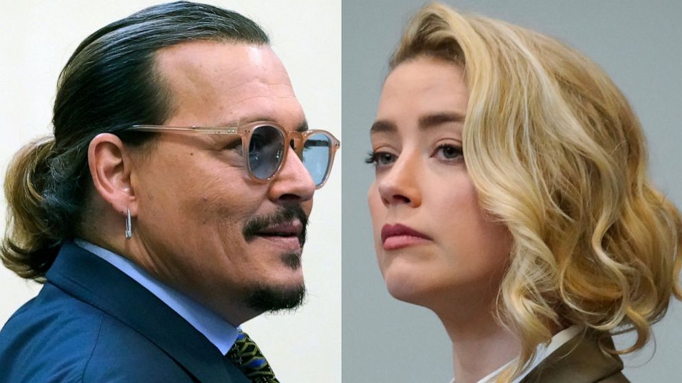 This combination of two separate photos shows actor Johnny Depp, left, and Amber Heard in the courtroom at the Fairfax County Circuit Courthouse in Fairfax, Va., Monday, May 23, 2022. Depp sued his ex-wife Amber Heard for libel in Fairfax County Circ