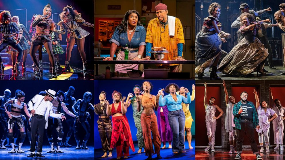 This combination of photos shows scenes Broadway performances from the musical "Six," top row from left, the Lynn Nottage play "Clyde's," and the musical "Paradise Square," bottom row from left, the musical "MJ," the play ""for colored girls who have