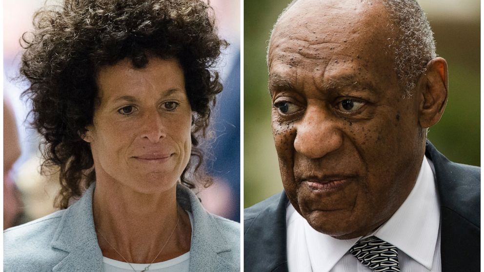 FILE - This combination of file photos shows Andrea Constand, left, walking to the courtroom during Bill Cosby's sexual assault trial June 6, 2017, at the Montgomery County Courthouse in Norristown, Pa.; and Bill Cosby, right, arriving for his sexual