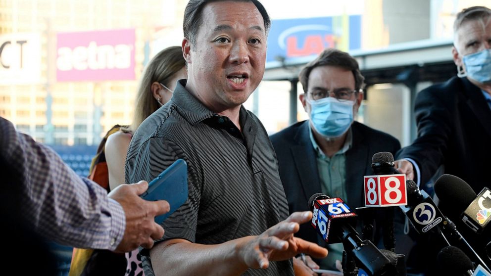 FILE — In this Aug. 20, 2020 file photo, Connecticut Attorney General William Tong speaks to the media during a watch party for the Democratic National Convention, at Dunkin' Donuts Park, in Hartford, Conn. Connecticut authorities are investigating w