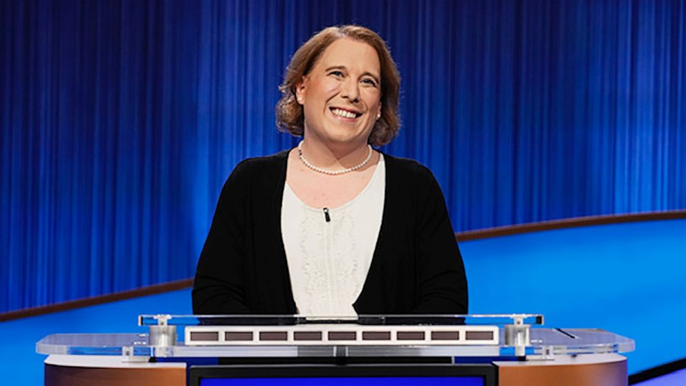 This image released by Sony Pictures Television shows contestant Amy Schneider on the set of "Jeopardy!" After 40 games, Schneider's winning streak has ended. (Casey Durkin/Sony Pictures Television via AP)