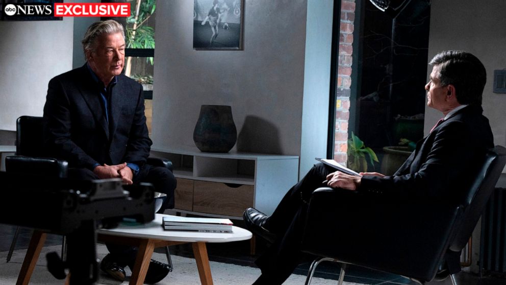 This image released by ABC News shows actor-producer Alec Baldwin, left, during an interview with “Good Morning America” co-anchor George Stephanopoulos. The hour-long interview about the fatal shooting on the set of Baldwin's film “Rust,” will air T