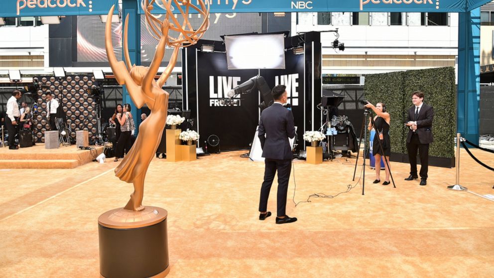 A view of an Emmy's statue appears before the red carpet at the 74th Primetime Emmy Awards on Monday, Sept. 12, 2022, at the Microsoft Theater in Los Angeles. (Photo by Richard Shotwell/Invision/AP)