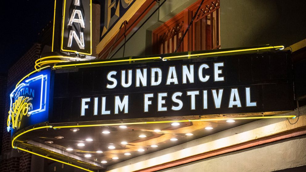 FILE - The marquee of the Egyptian Theatre appears during the Sundance Film Festival in Park City, Utah on Jan. 28, 2020. The Sundance Film Festival is cancelling its in-person festival and reverting to an entirely virtual edition due to the current 