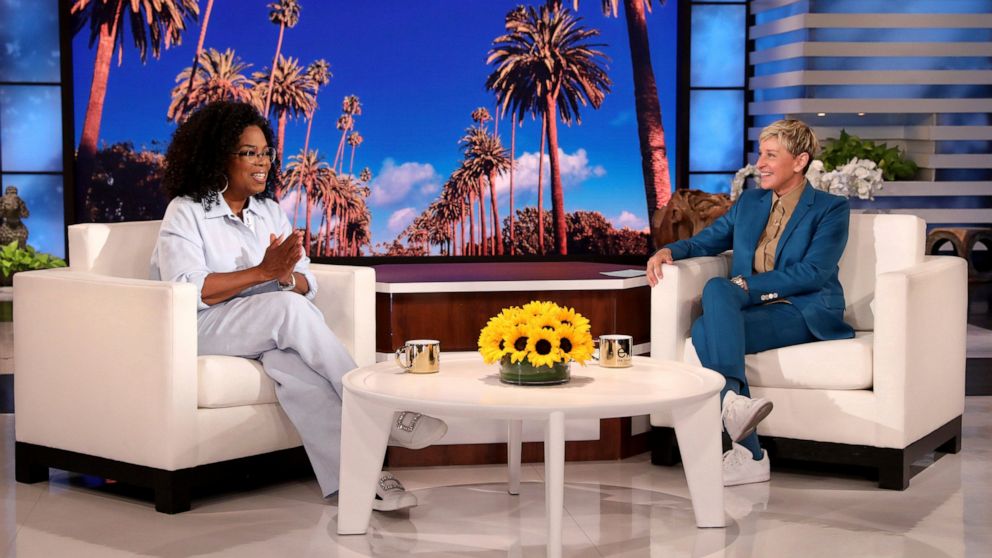 In this photo released by Warner Bros., talk show host Ellen DeGeneres appears with guest Oprah Winfrey during a taping of "The Ellen DeGeneres Show" at the Warner Bros. lot in Burbank, Calif., on April 26, 2022, scheduled to air on May 24. DeGeneres