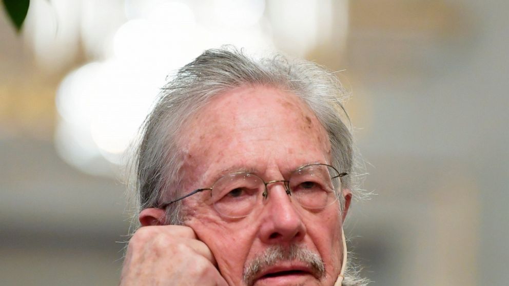2019 Nobel Prize laureate in literature Peter Handke speaks at a press conference at the Swedish Academy in Stockholm, Sweden, Monday Dec. 6, 2019. (Anders Wiklund/TT via AP)