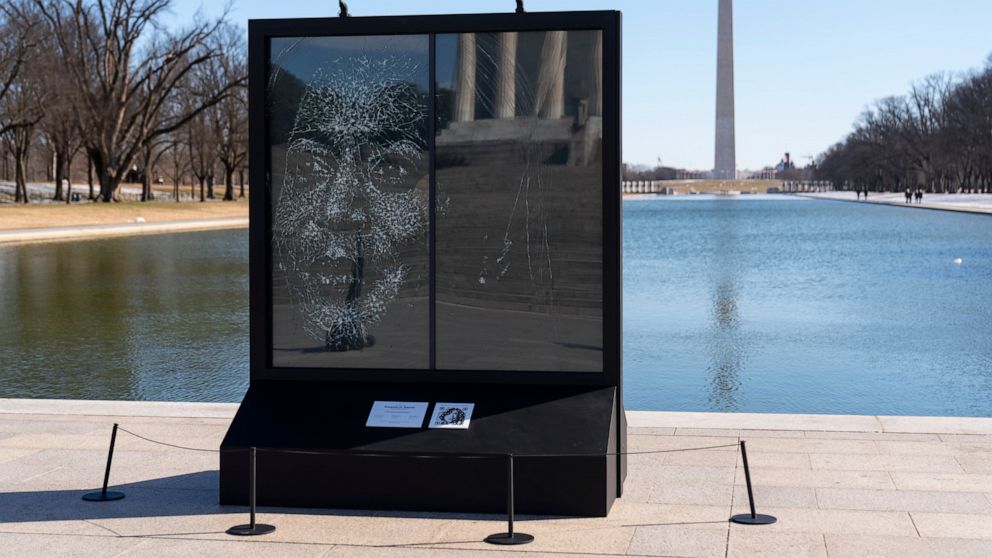 The installation "Vice President Kamala Harris Glass Ceiling Breaker" is seen at the Lincoln Memorial in Washington, Wednesday, Feb. 4, 2021. Vice President Kamala Harris' barrier-breaking career has been memorialized in a portrait depicting her face