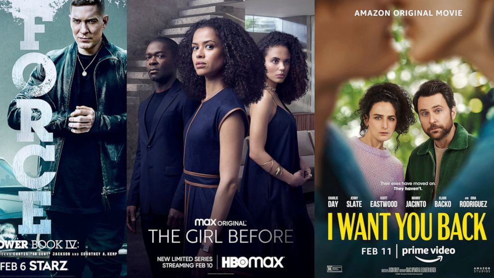 This combination of photos shows promotional art for “Power Book IV: Force,” a series premiering Feb. 6 on Starz, left, "The Girl Before," a series premiering Feb. 10 on HBO Max, center, and "I want You Back," a film premiering Feb. 11 on Amazon Prim