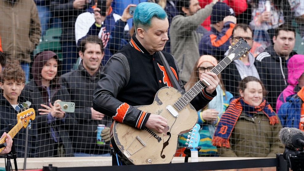 FILE - Musician Jack White performs the national anthem before the first inning of a baseball game between the Detroit Tigers and the Chicago White Sox, Friday, April 8, 2022, in Detroit. Fire destroyed a landmark restaurant and brewpub Friday, May 2