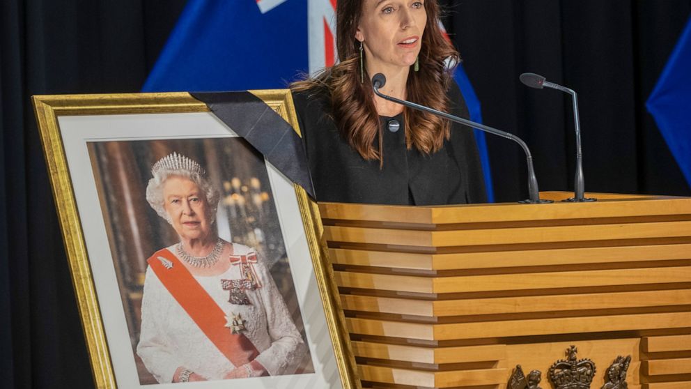 New Zealand Prime Minister Jacinda Ardern addresses a press conference after news of the passing of Queen Elizabeth II at the Beehive in Wellington, New Zealand, Friday, Sept. 9, 2022. Queen Elizabeth II, Britain's longest-reigning monarch and a rock